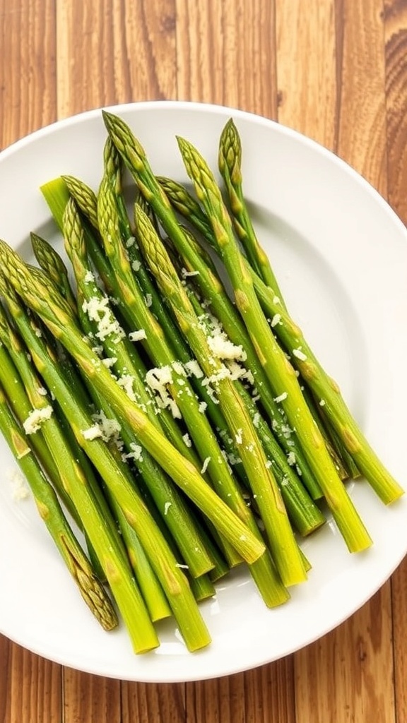 Crispy Air Fryer Asparagus Recipe Crispy air fryer asparagus garnished with Parmesan cheese on a rustic wooden table.